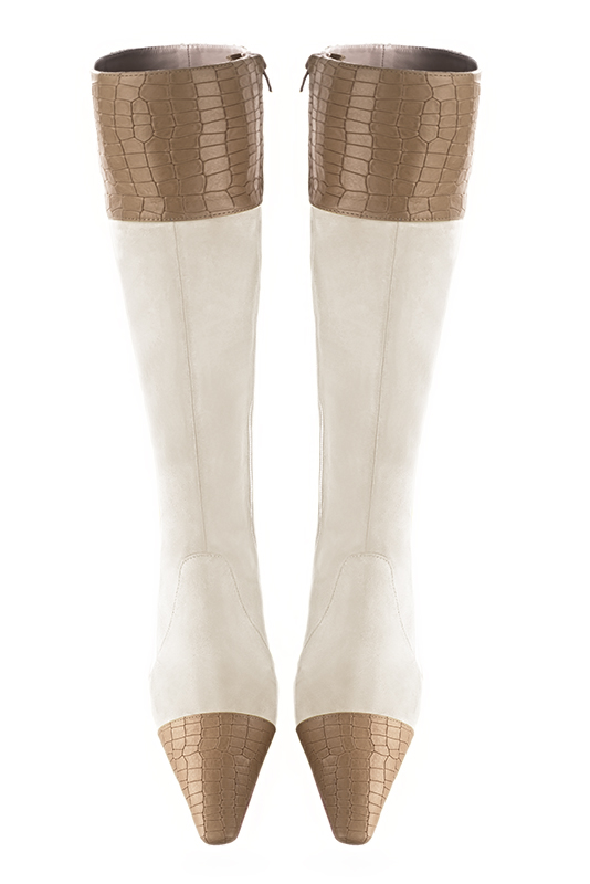 Tan beige and off white women's feminine knee-high boots. Tapered toe. Medium block heels. Made to measure. Top view - Florence KOOIJMAN